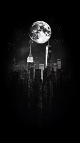 Monochrome high‑rise skyline aligns beneath a large moon