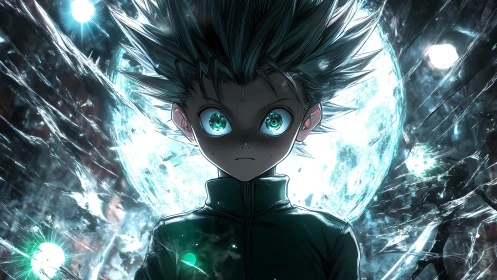 Intense anime boy before shattered glass and luminous moon backlight