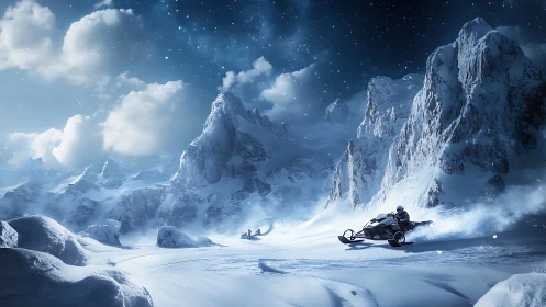 Snowmobile races through moonlit alpine glacier valley