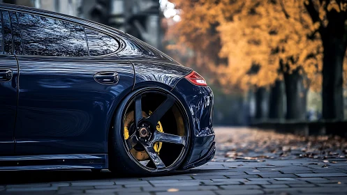 Low-profile dark sedan rear view on autumn street scene.