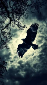 Silhouetted raptor in backlit flight against storm cloud break