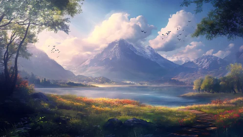 Sunlit alpine lake rests beneath towering snow peaks