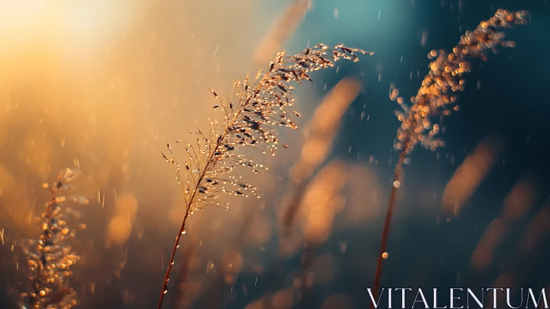 Backlit grass stems with water droplets in shallow focus.