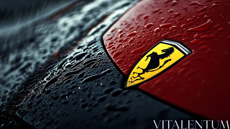Ferrari hood emblem is shown in close-up under rainfall