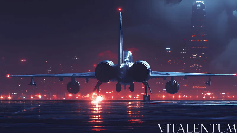 Neon runway guardian jet under storm-soaked city glow.