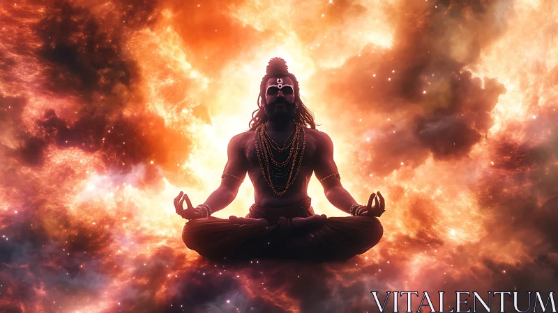 Silhouetted yogic figure in lotus pose within cosmic cloud field.