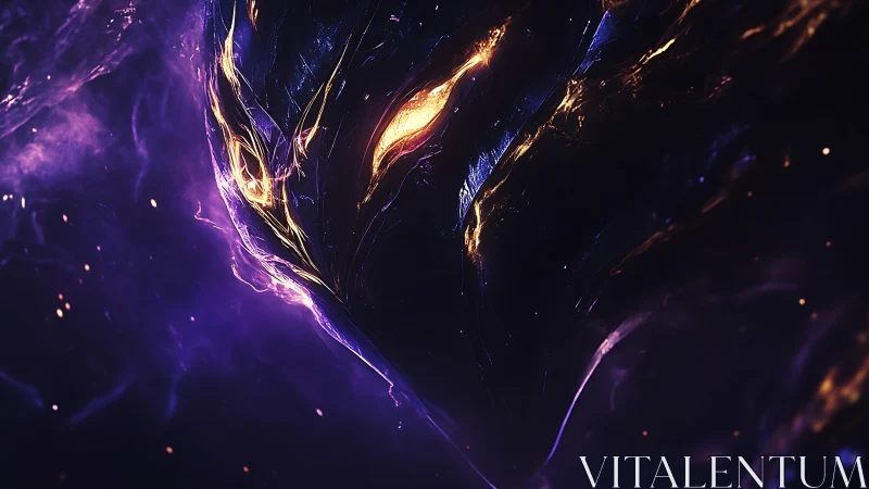 Cosmic dark entity with glowing eyes in purple void.