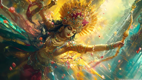Divine warrior goddess in radiant gold cinematic motion.