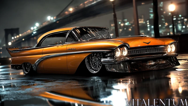 Custom lowrider classic car on wet city bridge at night.