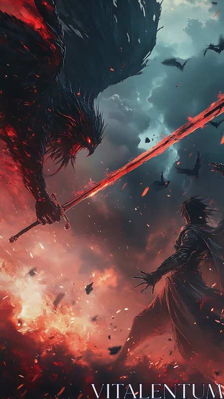 Dynamic fantasy duel with demonic avian entity and swordsman.