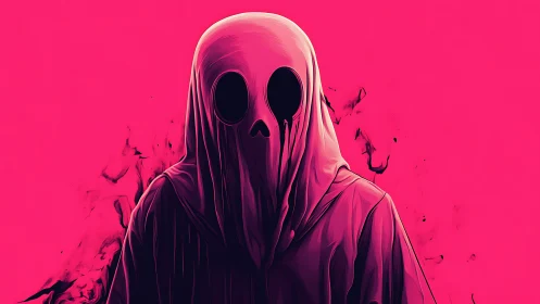 Hooded spectral figure with skull mask on neon magenta ground