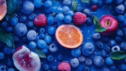 Vibrant frozen berries and citrus in high-saturation overhead view