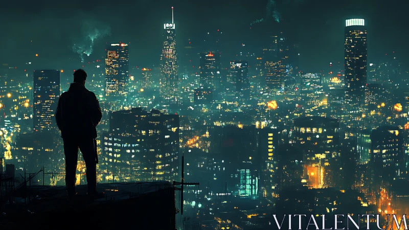 Lone rooftop watcher admires a glowing futuristic cityscape