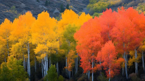 Aspen grove in peak autumn chroma contrasts against muted hillside