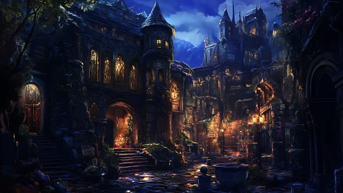 Enchanted medieval city glows under deep sapphire night sky