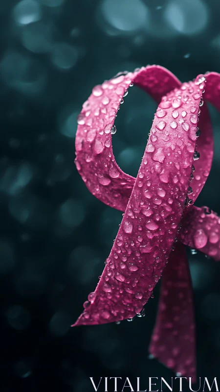 Pink awareness ribbon macro rendered with dewy surface realism