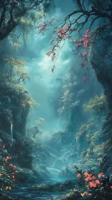 Vertical forest canyon with mist, stream, and blossoms.