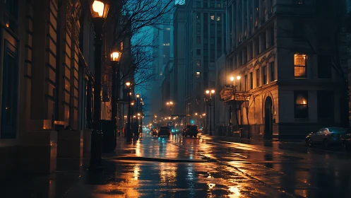 Rain-slicked city street hums softly beneath amber fog