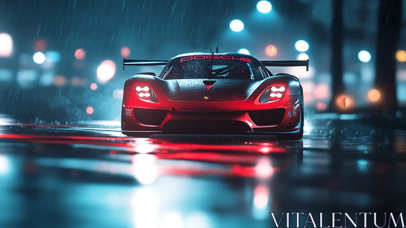 Red Porsche race car under neon rain on wet city street.