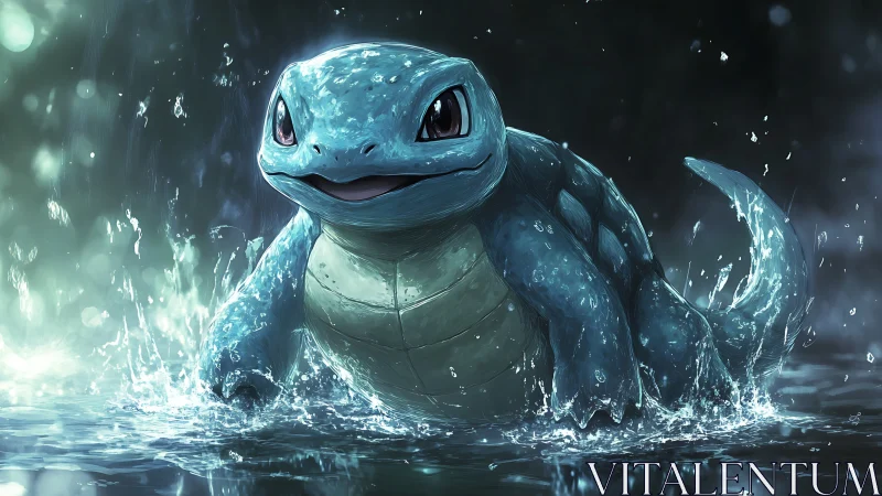 Playful blue turtle creature splashing happily in the rain.