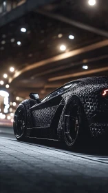 Carbon fiber supercar under urban bokeh night lights.