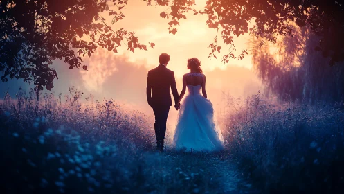 Newlywed couple walks into glowing forest sunset together