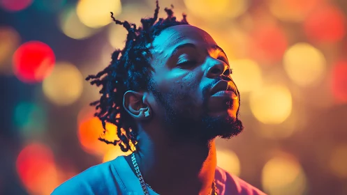 Man with closed eyes against colorful blurred lights background.