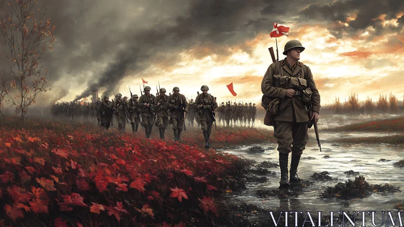 Soldiers advance in formation through wet terrain under smoke