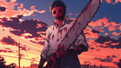 Sunset warrior grips a bloody chainsaw in bold silence