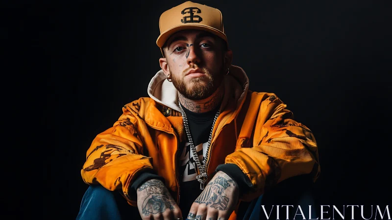 Warm-lit streetwear portrait in bold orange and inked style.