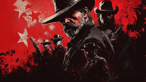Gritty outlaw ensemble in red noir Western illustration.