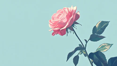 Pink Rose with Foliage Against Light Blue Background