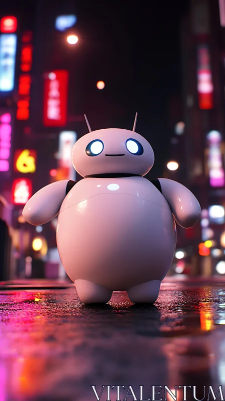 Cute service robot in neon soaked futuristic city street.