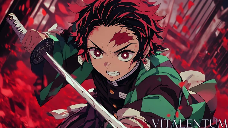 Sword-wielding anime hero charging through crimson petals.