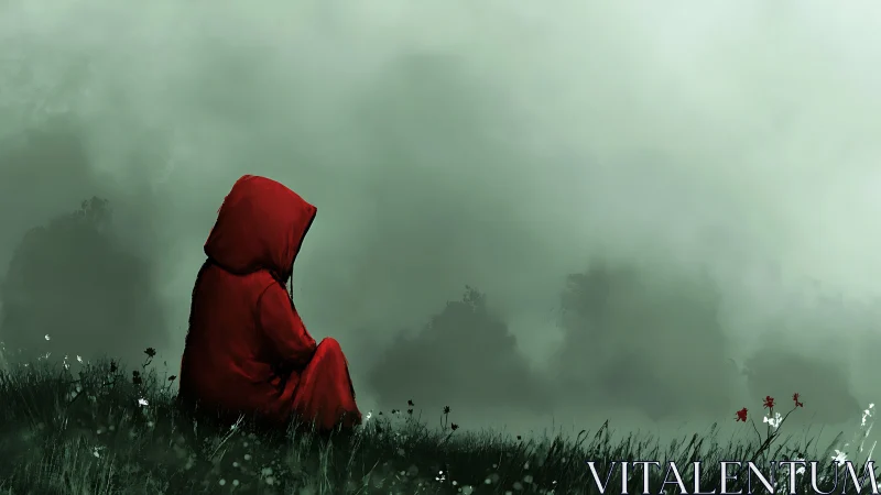 Figure in red hooded cloak sits on grassy slope before fog
