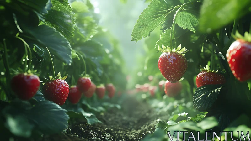 Sunlit ripe strawberries glow along lush green rows.