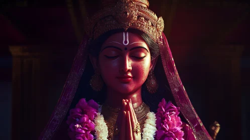 Sacred Hindu goddess idol in prayer with floral garlands.