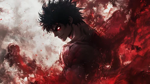 Storm of crimson power around a dark, determined warrior.