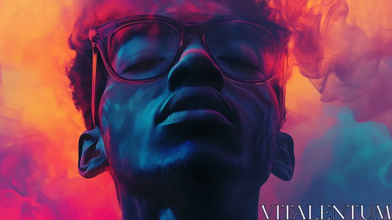 Portrait shows stylized face in neon smoke with closed eyes