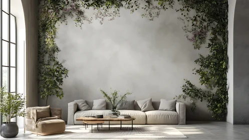 Sunlit sofa garden curling softly around serene walls.
