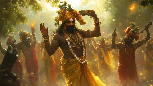 Procession of garlanded dancers moves through filtered forest light