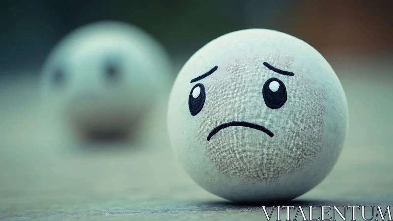 Spherical object with printed face rests on blurred surface