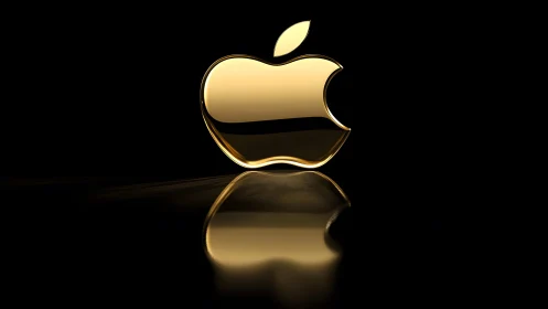 Shiny Gold Apple Logo on Black Background, Reflective Style.