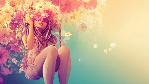 Daydreaming girl drifting on a swing of luminous blossoms.