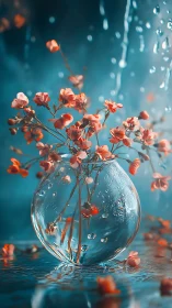 Coral Flowers in Glass Vase Against Turquoise.