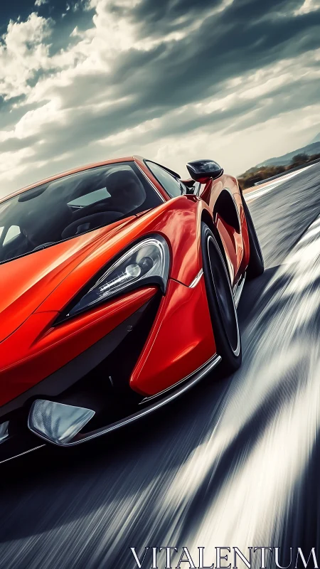 Scarlet supercar slashes stormy highway with liquid speed.