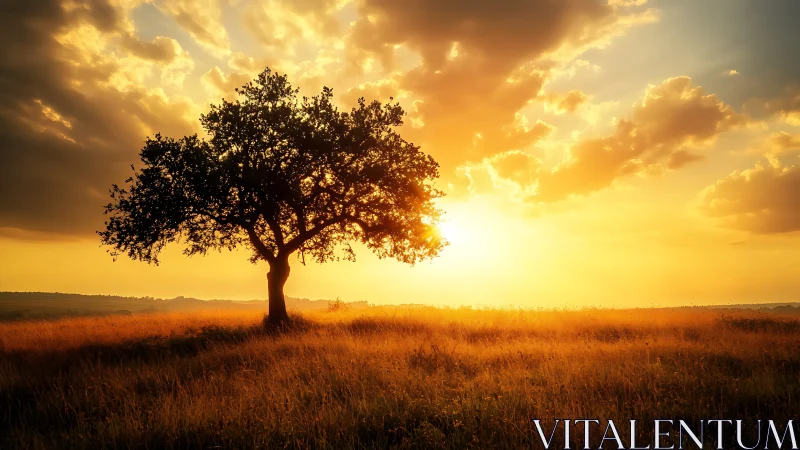 Solitary tree in radiant golden hour prairie light.