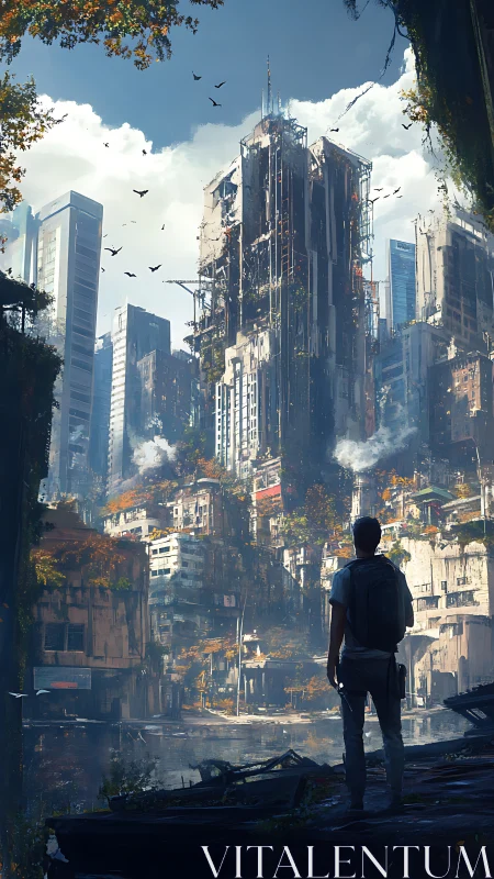 Lone traveler viewing overgrown post-apocalyptic city ruins.