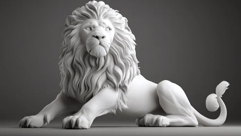 Regal white lion sculpture rests in minimalist studio light