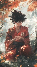 Martial artist in red gi meditates under luminous autumn canopy